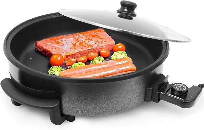 Sartén Paellera Eléctrica Antiadherente 40CM - Multicazuela con Termostato Ajustable 240ºC - Plancha Eléctrica para Cocinar sin Esfuerzo - Sartén con Tapa de Cristal para Cocción
