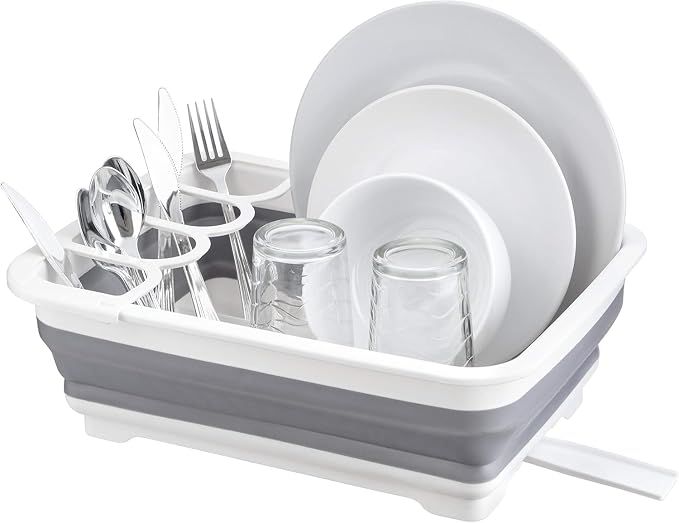 SAMMART - Escurridor de platos plegable de 8.5 l (2.2 galones) con boquilla giratoria, estante de secado plegable, bandeja de almacenamiento de cocina que ahorra espacio (1, gris)