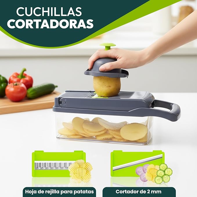 Mandolina 16 en 1: cortadora de verduras multifuncional con cuchillas intercambiables, rallador, rebanadora y cortadora de dados.