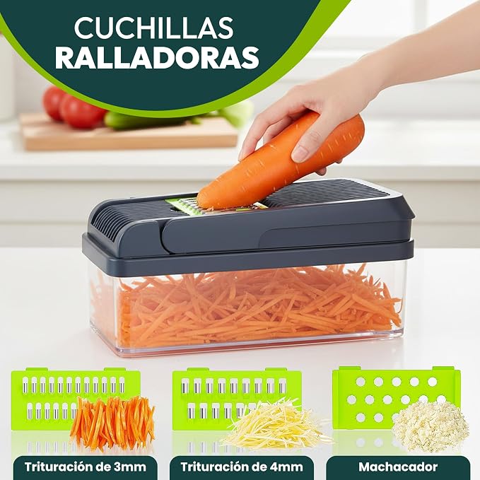 Mandolina 16 en 1: cortadora de verduras multifuncional con cuchillas intercambiables, rallador, rebanadora y cortadora de dados.
