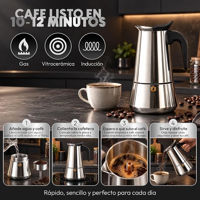 Cafetera Italiana Induccion Espresso Acero Inoxidable 9 Tazas