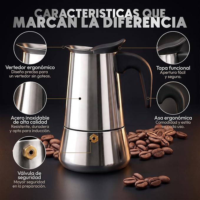 Cafetera Italiana Induccion Espresso Acero Inoxidable 9 Tazas