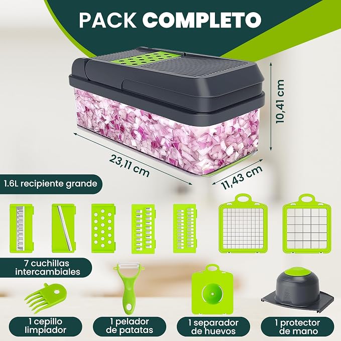 Mandolina 16 en 1: cortadora de verduras multifuncional con cuchillas intercambiables, rallador, rebanadora y cortadora de dados.