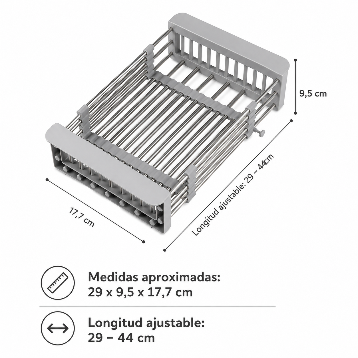 Escurridor de fregadero extensible de acero inoxidable, gris, ajustable de 29 a 44 cm