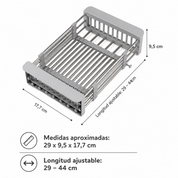 Escurridor de fregadero extensible de acero inoxidable, gris, ajustable de 29 a 44 cm