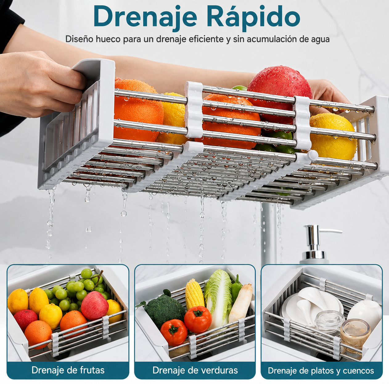 Escurridor de fregadero extensible de acero inoxidable, gris, ajustable de 29 a 44 cm