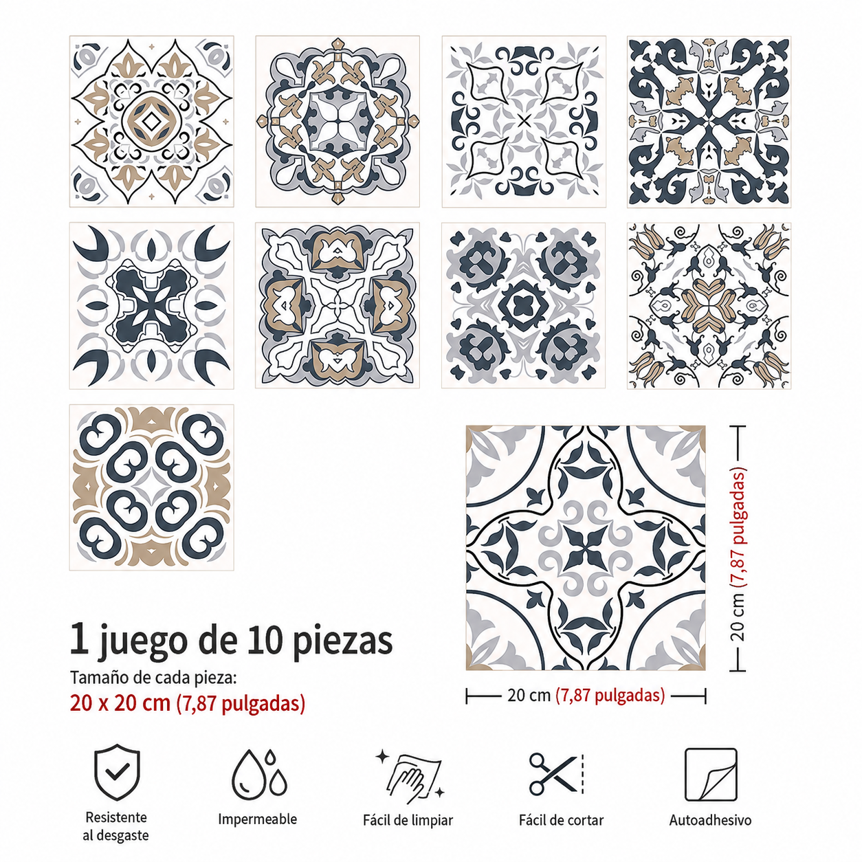 Adhesivos para azulejos de baño y cocina, 10 unidades, 20x20 cm - Mosaico de azulejos de PVC impermeable para decoración de paredes.