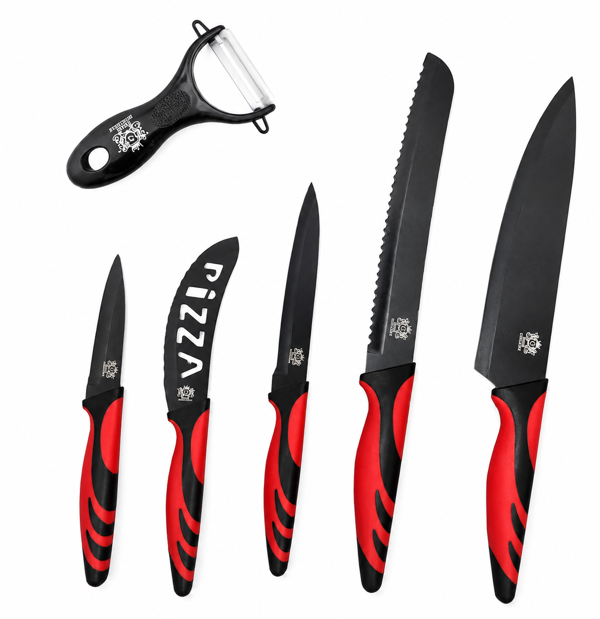 SWISS EXCELLENCE - Juego Set de Cuchillos de Cocina, Conjunto de Cuchillos Profesionales, 5 Cuchillos de Acero Inoxidable y 1 Cuchillo Pelador de Verduras.