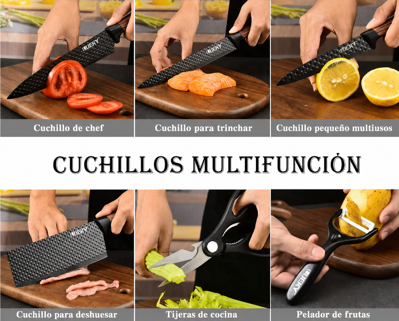 LIEKY | Juego de Cuchillos de Cocina de Acero Inoxidable (6 Piezas) | Set Completo con Mangos Ergonómicos Antideslizantes
