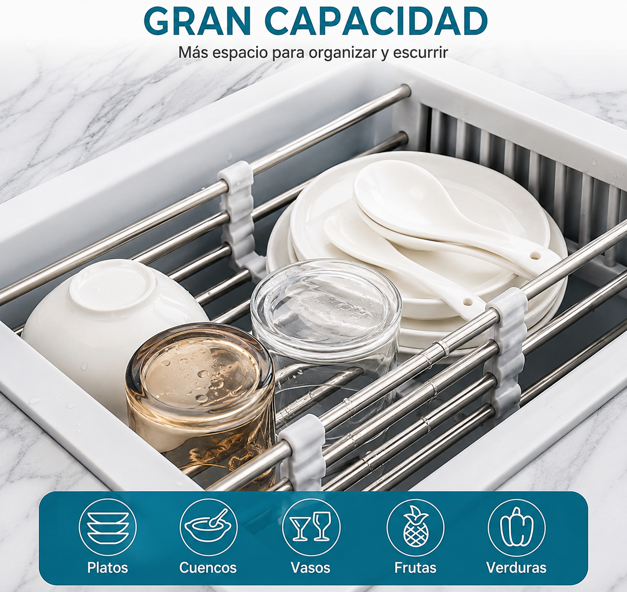 Escurridor de fregadero extensible de acero inoxidable, gris, ajustable de 29 a 44 cm