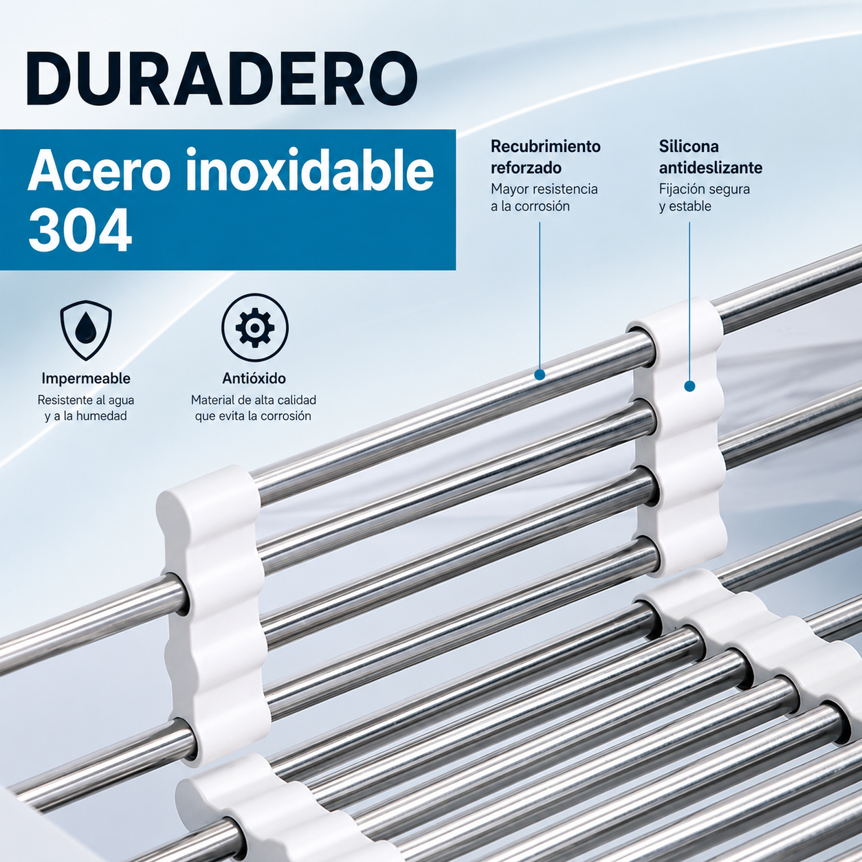 Escurridor de fregadero extensible de acero inoxidable, gris, ajustable de 29 a 44 cm