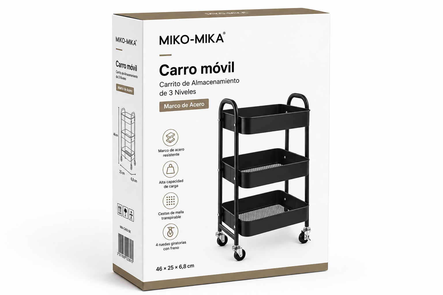 MIKO-MIKA | Carro móvil, Carrito de Almacenamiento de 3 Niveles, Marco de Acero, con Mango, 2 Frenos, Montaje fácil, para Dormitorio, lavadero del baño fruta