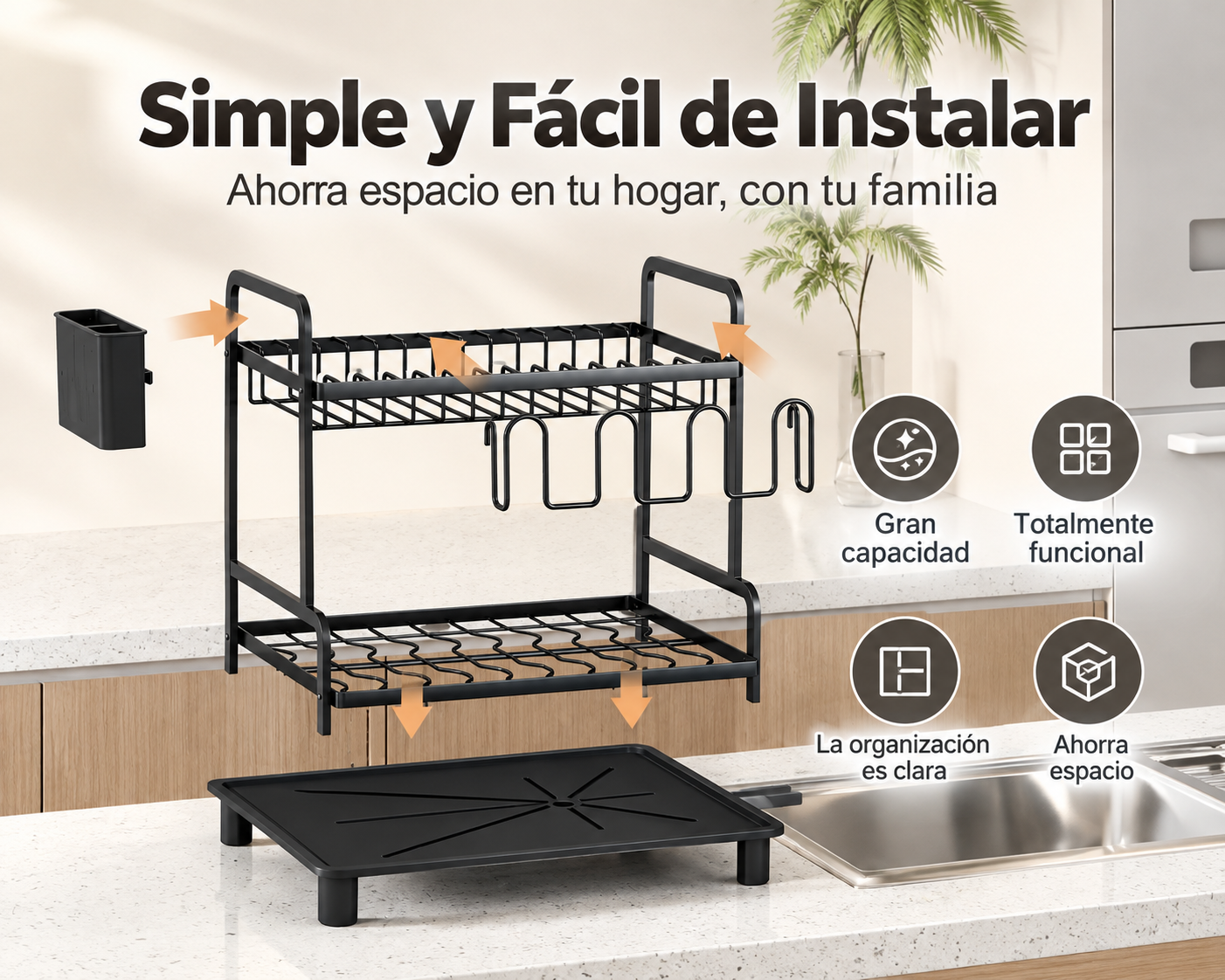 Escurreplatos de 2 Niveles KANET | Acero Inoxidable, Gran Capacidad con Bandeja de Drenaje y Portacubiertos