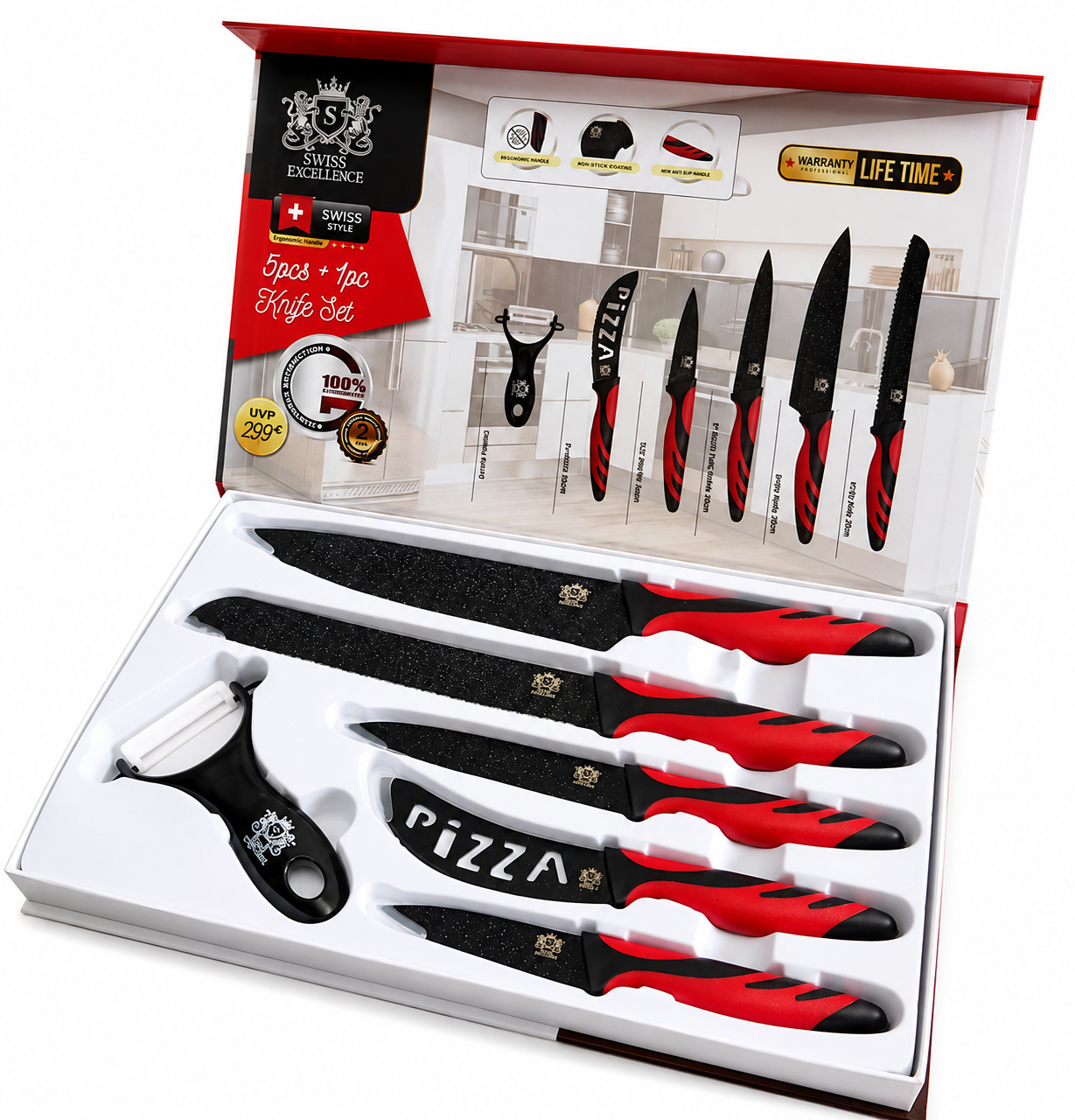 SWISS EXCELLENCE - Juego Set de Cuchillos de Cocina, Conjunto de Cuchillos Profesionales, 5 Cuchillos de Acero Inoxidable y 1 Cuchillo Pelador de Verduras.