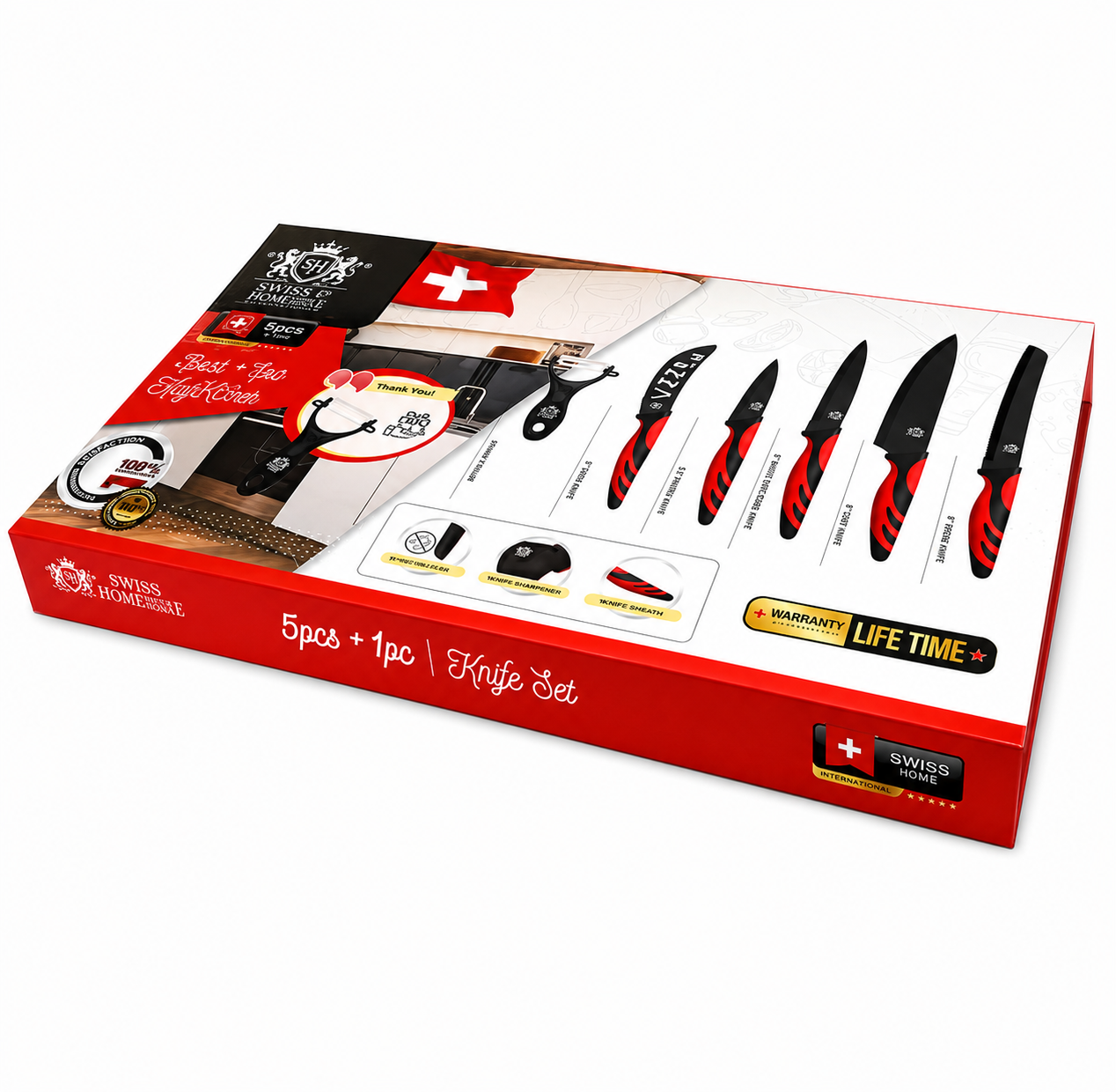 SWISS EXCELLENCE - Juego Set de Cuchillos de Cocina, Conjunto de Cuchillos Profesionales, 5 Cuchillos de Acero Inoxidable y 1 Cuchillo Pelador de Verduras.