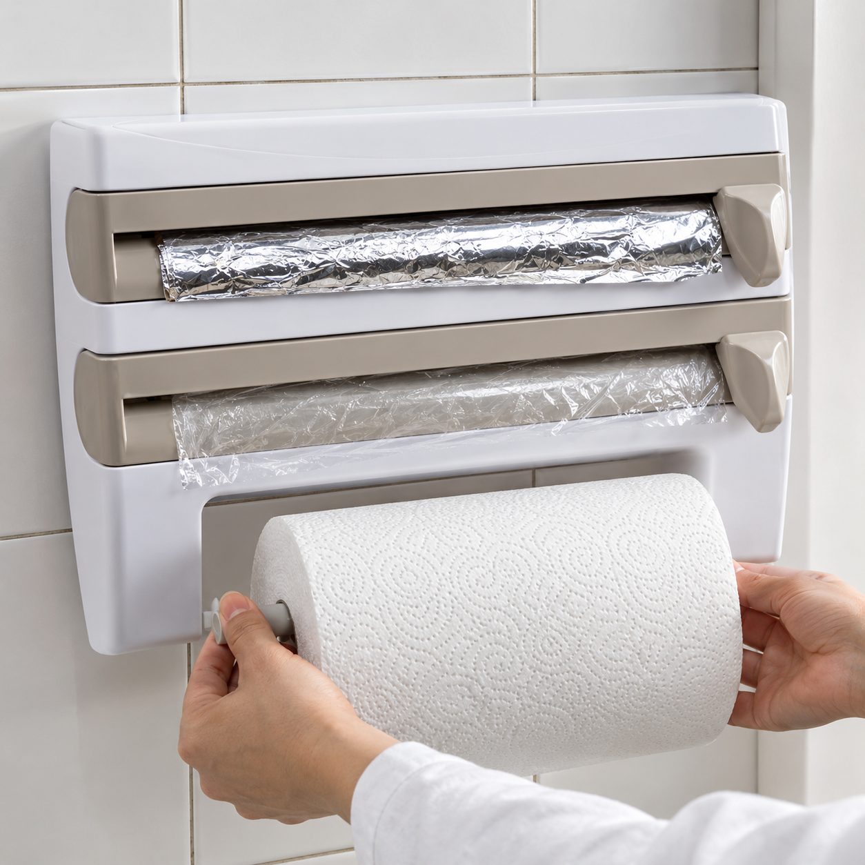 Portarrollos de papel de cocina de pared cuatro en uno (embalaje de plástico), dispensador de film transparente multifuncional
