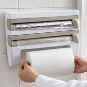 Portarrollos de papel de cocina de pared cuatro en uno (embalaje de plástico), dispensador de film transparente multifuncional