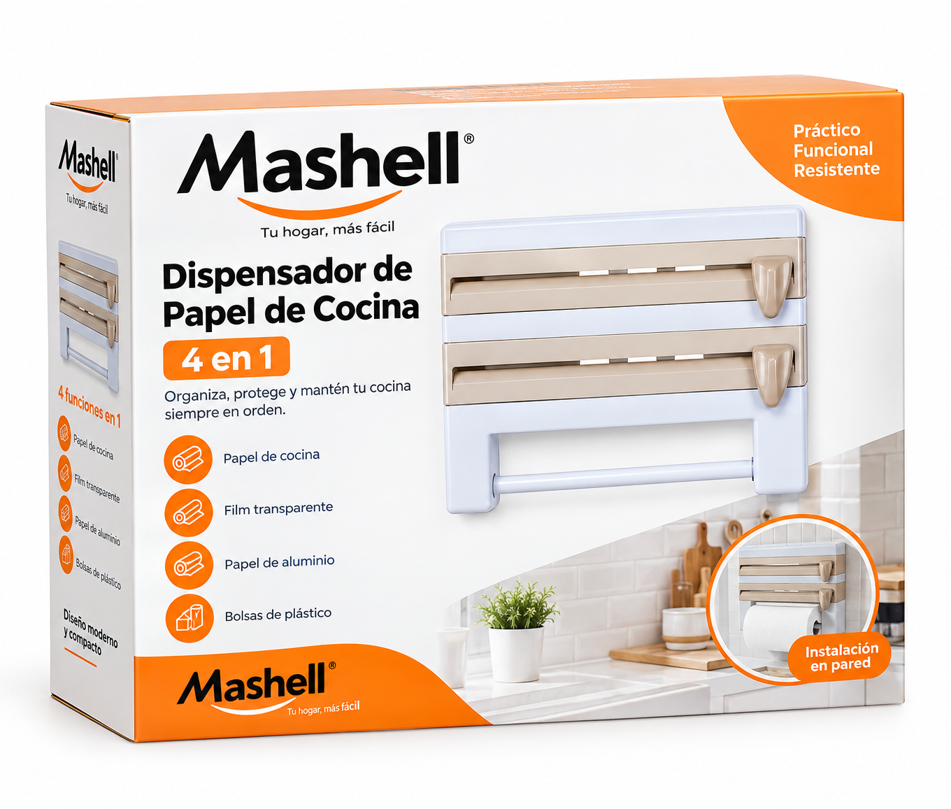 Portarrollos de papel de cocina de pared cuatro en uno (embalaje de plástico), dispensador de film transparente multifuncional