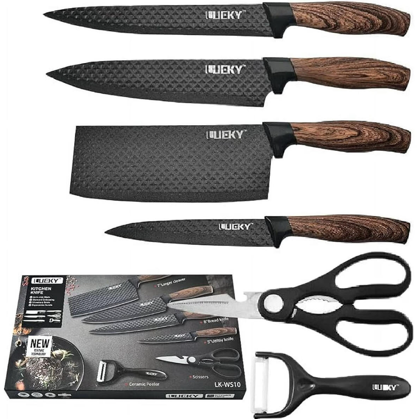 LIEKY | Juego de Cuchillos de Cocina de Acero Inoxidable (6 Piezas) | Set Completo con Mangos Ergonómicos Antideslizantes