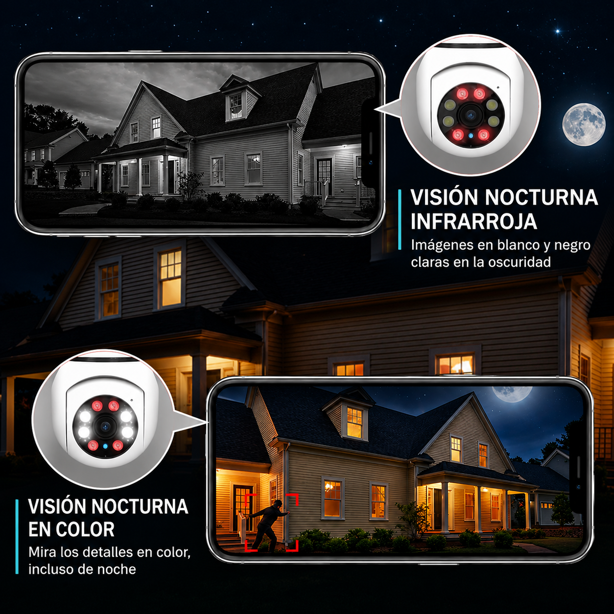 Cámara de Seguridad WiFi Tipo Bombilla 1080p Full HD con Visión Panorámica 360°, Detección de Movimiento, Seguimiento Automático y Visión Nocturna