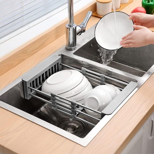 Escurridor de fregadero extensible de acero inoxidable, gris, ajustable de 29 a 44 cm